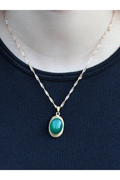 esha Doğal Taş Yeşil Akik Doğal Taşlı Kadın Zincirli Kolye Euk4ya2