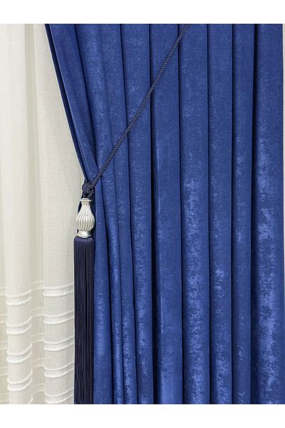 Fon Dünyası Velvet Textured Luxury Background Curtain Parliament Blue Tight Pleat (Single Wing)