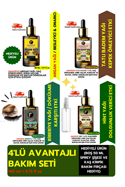 Amazeus 4'LÜ BAKIM SETİ ''SAÇ, CİLT VE KAŞ/KİRPİK GENEL BAKIM'' %100 SAF (ARG...