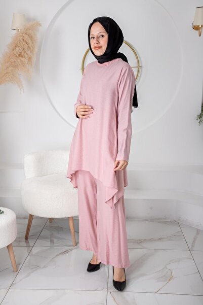 AlMarwah Asimetrik kesim pantolonlu almarwah takım pudra 202549