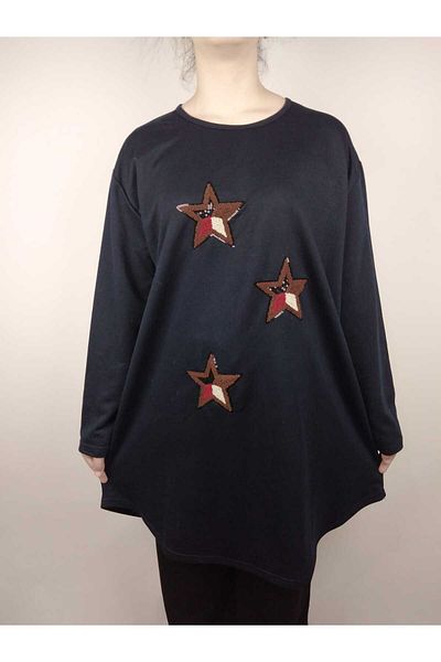 YAŞAR TRİKO Women's Navy Blue Crew Neck Long Sleeve Star Embroidered Two Thread Tunic