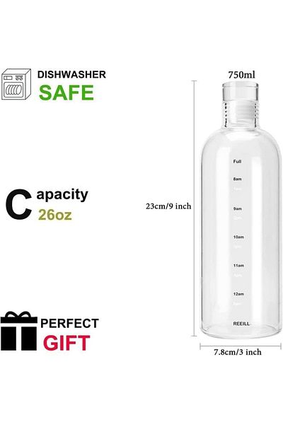 Home Zone 750ml Water Bottles with Time Marker Reusable Clear Glass Drinking Bottles