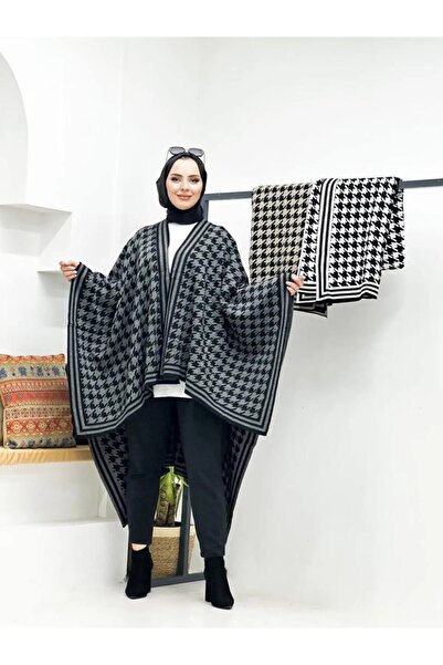 02Lady Fashion Women's Double-Sided Use Houndstooth Pattern Knitwear Shawl Poncho
