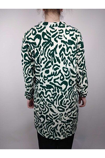 YAŞAR TRİKO Women's Beige Green Tie-Up Neckline Button-Down Long Sleeve Sleeve Ankle Elastic Ribbed Oval Hem Tunic