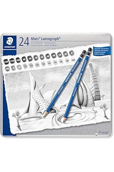 robotrend قلم رصاص Staedtler 100 G24 Mars Lumograph في صندوق معدني مكون من 24 قطعة