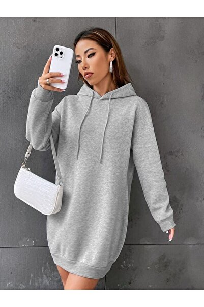 Charme Elegant Kadın Büyük Beden Düz Renk Sweatshirt Elbise /tunik