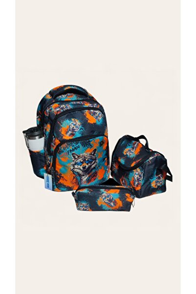 Kaptan Mavi Kurt Desenli, Beslenmelik ve Kalemlikli, İlk Okul Sırt Çantası (3...