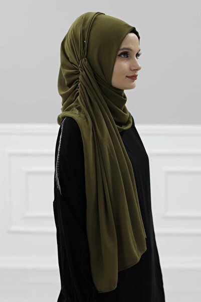 Ayşe Tasarım Practical Chiffon Shawl with Side Gathered Design, Ps-8, Khaki Green