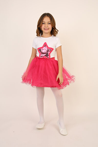 FATELLA Tricou cu stele cu paiete fucsia pentru fete, set fustă tutu fucsia, ...