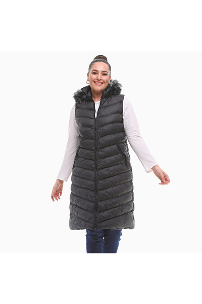 ECALAMODE Büyük Beden Uzun Boy Kadın Çıkarılabilir Kapüşonlu Kolsuz Şişme Yel...