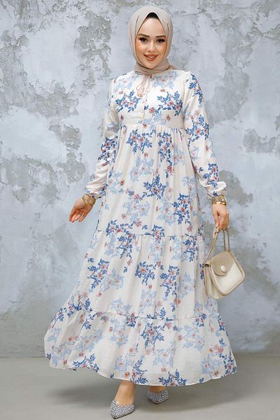 Neva Style Rochie hijab albastră cu modele florale 22054M