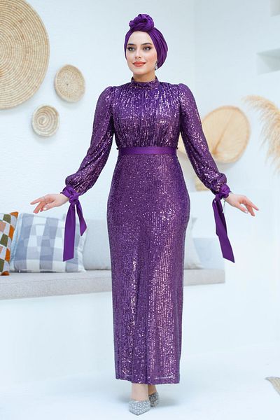 Neva Style Rochie de seara cu hijab - Rochie de seara hijab mov cu paiete paiete 4667mor