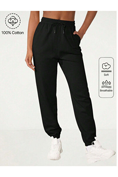 CAONNES SİYAH RelaxFit Jogger Yüksek Bel  Eşofman Altı 2 İplik Örme Kumaş Pan...