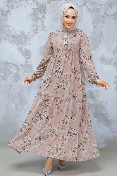 Neva Style Φόρεμα Hijab Mink με σχέδιο λουλουδιών 22053V