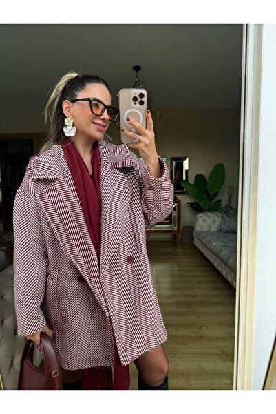 dükkan10butika Kadın Oversize Geniş Kalıp Kısa Balıksırtı Desen Astarlı Kaşe ...