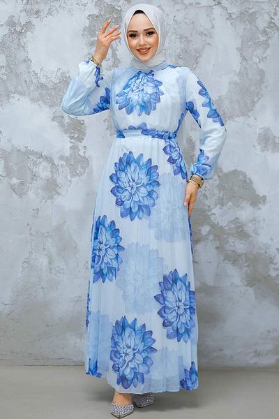 Neva Style Rochie hijab albastră cu modele florale 344603 M.