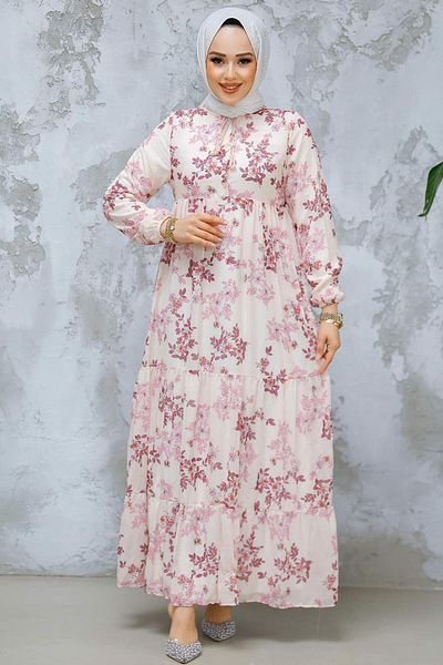 Neva Style Floral Print Dusty Rose Hijab Dress 22054Gk
