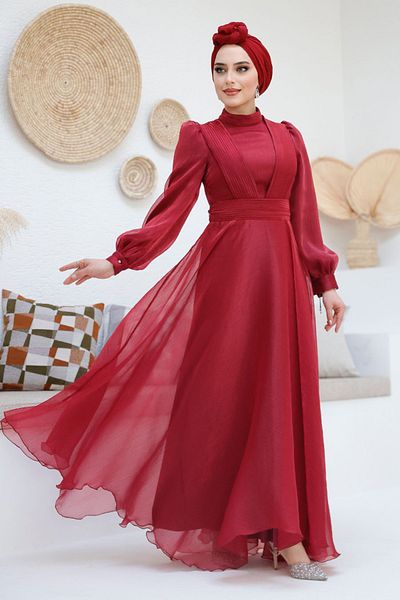 Neva Style Drape Detailed Burgundy Hijab Evening Dress 45701Br