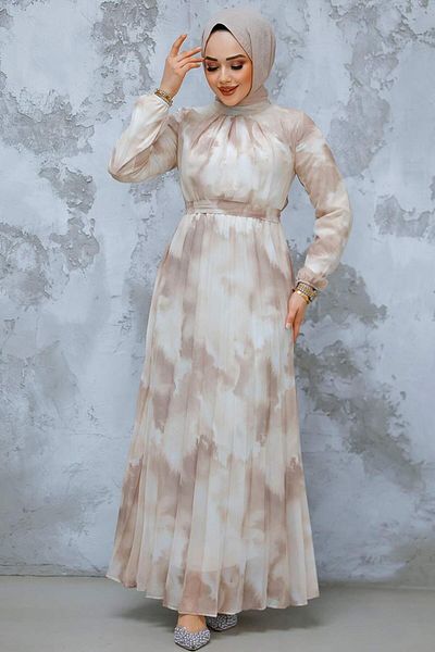 Neva Style Beige Print Hijab Dress - 34469Beige