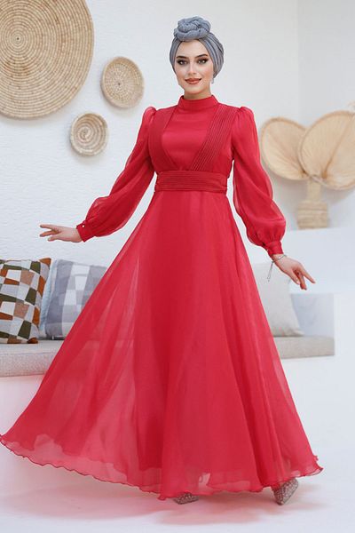 Neva Style فستان سهرة حجاب - فستان سهرة حجاب أحمر بتفاصيل ثنية 45701k