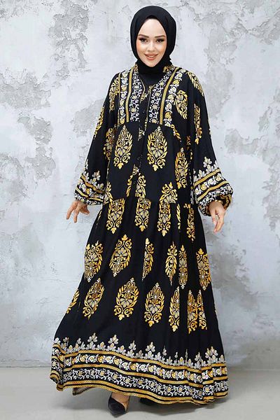 Neva Style Mustard Print Hijab Dress - 18239Hr