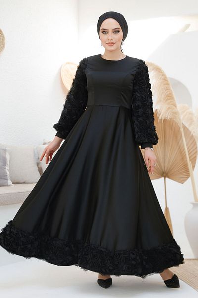 Neva Style Flower Detailed Black Hijab Satin Evening Dress 4661S