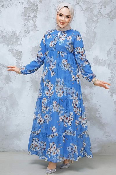 Neva Style Indigo Blue Floral Print Hijab Dress - 22053Im
