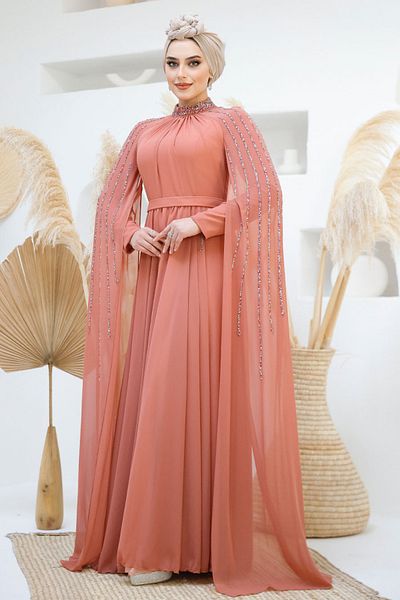 Neva Style Dark Salmon Hijab Evening Dress with Cape Detail 47381Ksmn