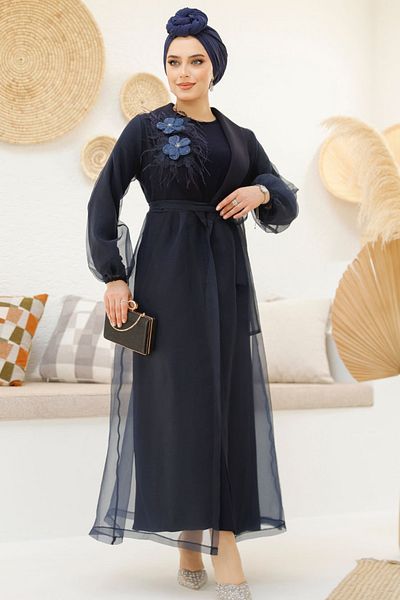 Neva Style Floral Detailed Navy Blue Hijab Abaya 46651L