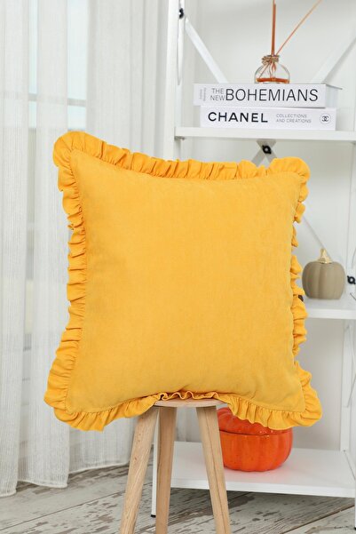 Aisha's Design Plain Fabric Throw Pillow Cover with Ruffled Edges, K-107, Yellow