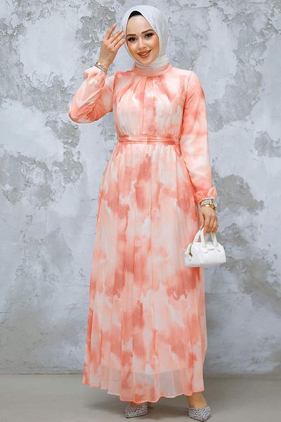 Neva Style Salmon Print Hijab Dress - 34469Smn
