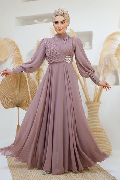Neva Style Βραδινό φόρεμα Hijab Dusty Rose με λεπτομέρεια μπαταρίας 45221gk