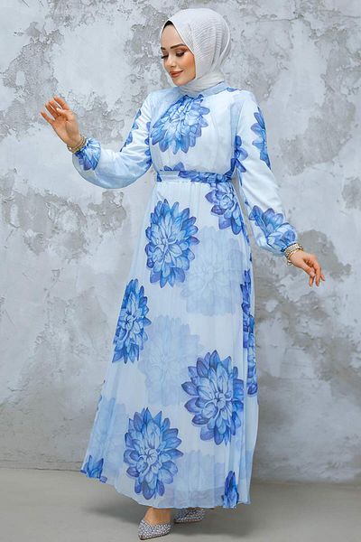 Neva Style Rochie hijab albastră cu modele florale 344603 M.