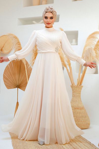 Neva Style Rochie de seară hijab bej cu detaliu de pile 45221bej