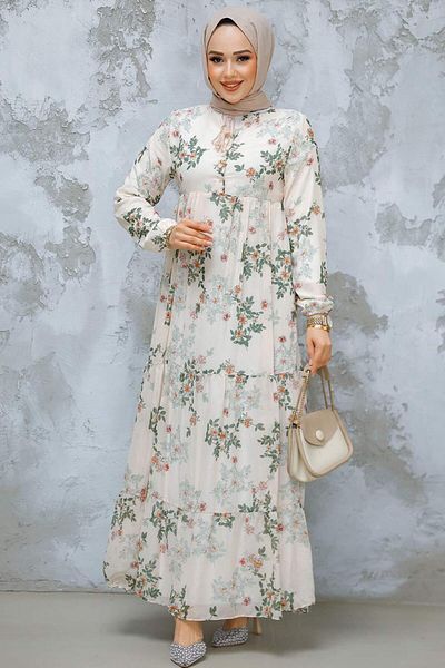 Neva Style Rochie Hijab Kaki cu Motiv Floral 22054HK