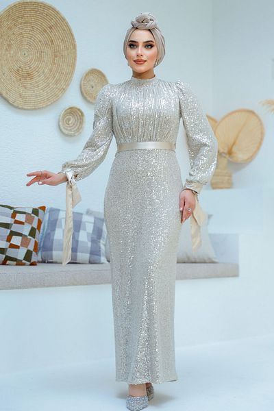 Neva Style Hijab Evening Dress - Sequined Cream Hijab Evening Dress 4667Kr