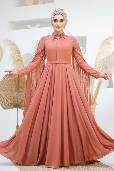 Neva Style Dark Salmon Hijab Evening Dress with Cape Detail 47381Ksmn