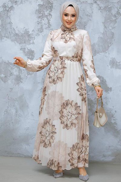 Neva Style Beige Hijab Dress - Floral Pattern, Model 344603 Beige