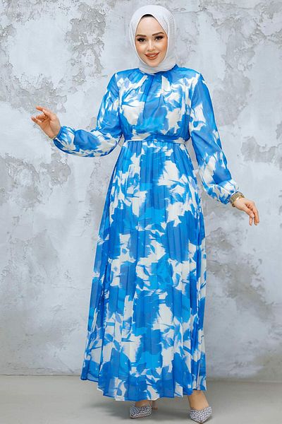 Neva Style Floral Print Indigo Blue Hijab Dress 344602 Im
