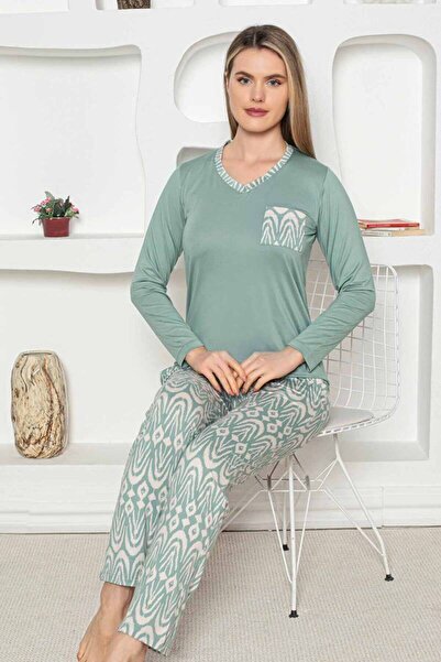 bie's Green Ethnic Pattern Transitional Women's Pajama Set - Long Sleeve Stretch Fabric Combed Cotton Bottom with Pockets
