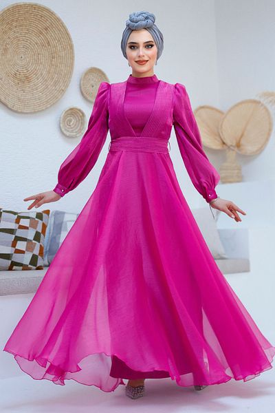 Neva Style Fuchsia Hijab Evening Dress with Draped Detail 45701F