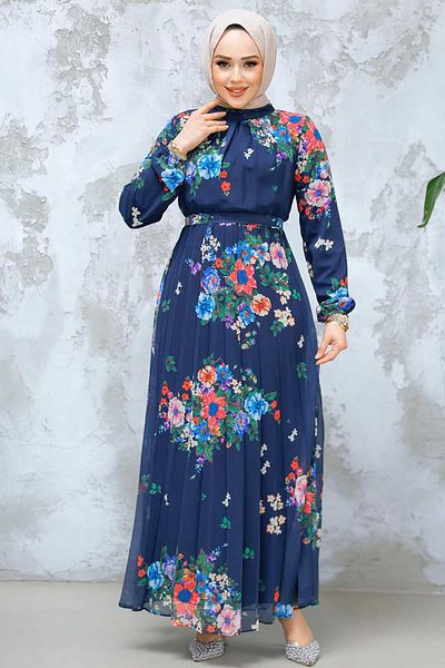 Neva Style Floral Print Navy Blue Hijab Dress 34468L