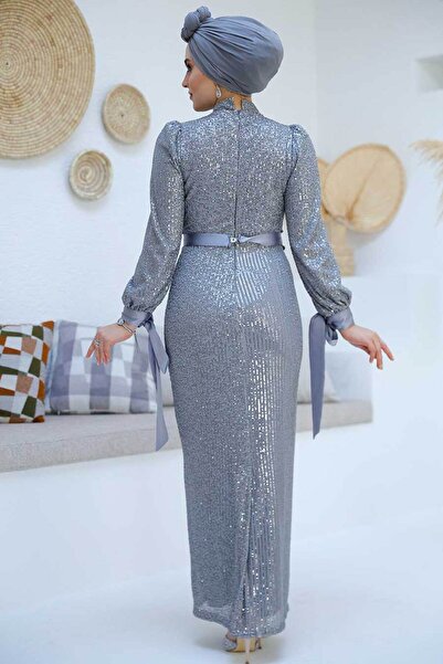 Neva Style Sequin Sequined Gray Hijab Evening Dress 4667Gr