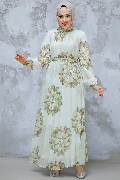 Neva Style Rochie Hijab Kaki cu Motiv Floral 344603 HK