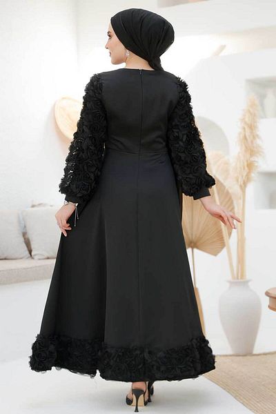 Neva Style Flower Detailed Black Hijab Satin Evening Dress 4661S