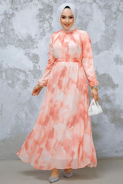 Neva Style Salmon Print Hijab Dress - 34469Smn