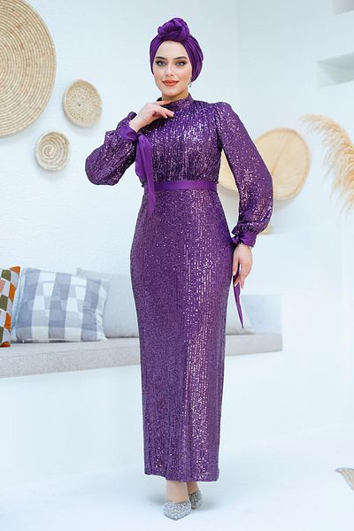 Neva Style Rochie de seara cu hijab - Rochie de seara hijab mov cu paiete paiete 4667mor