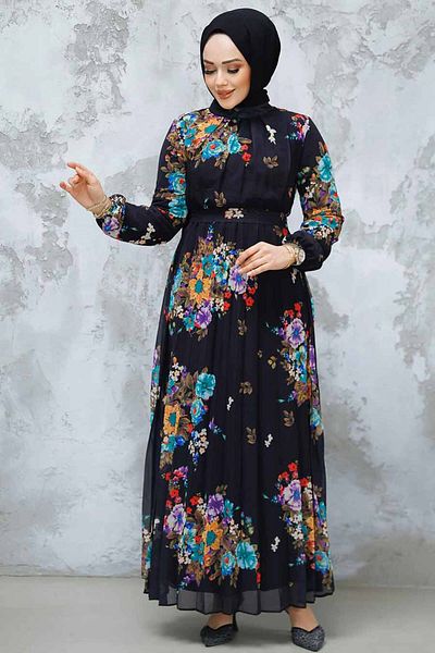 Neva Style Rochie neagră cu hijab cu imprimeu floral 34468S