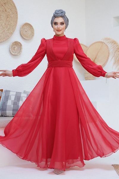 Neva Style فستان سهرة حجاب - فستان سهرة حجاب أحمر بتفاصيل ثنية 45701k