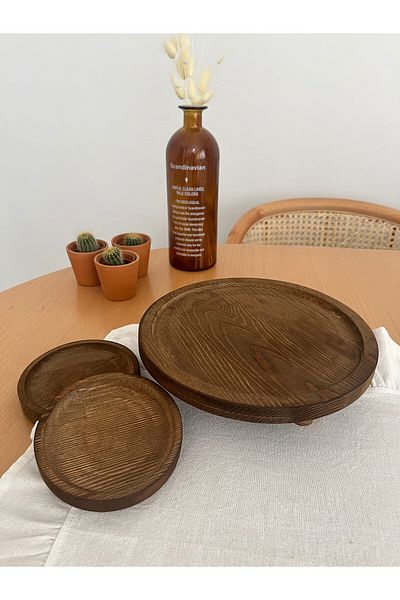 Mirilliahome Ξύλινο Σετ Παρουσίασης Ποδιών, Ξύλινο Στρογγυλό Σετ Παρουσίασης Επιτραπέζιων σκευών - Διακοσμητικό Μπολ Παρουσίασης 3 τεμαχίων